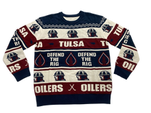 Load image into Gallery viewer, Tulsa Oilers ugly sweater. ECHL Tulsa ugly sweater. Tulsa ugly sweater. Tulsa Oilers tastefully tacky ugly sweater