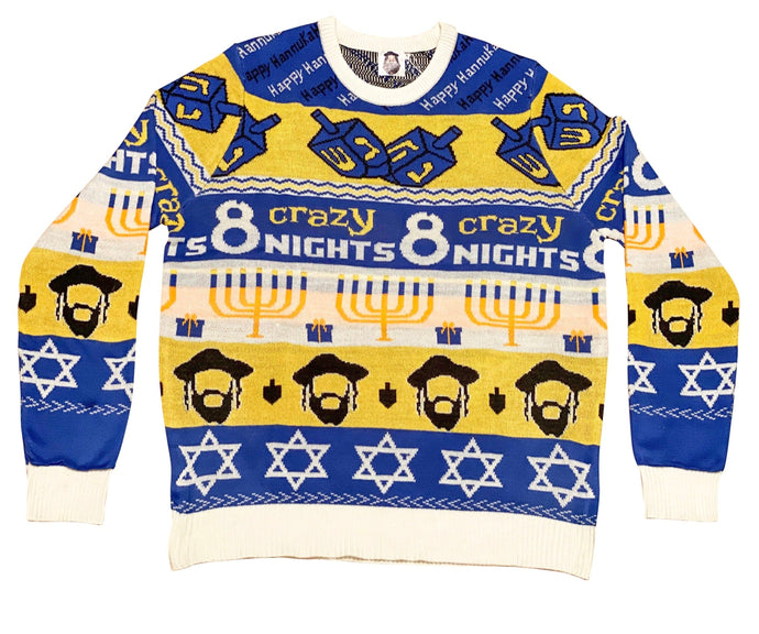 8 Crazy nights Ugly Hanukkah sweater featuring menorah, dreidel, star of David, presents and Happy Hanukkah